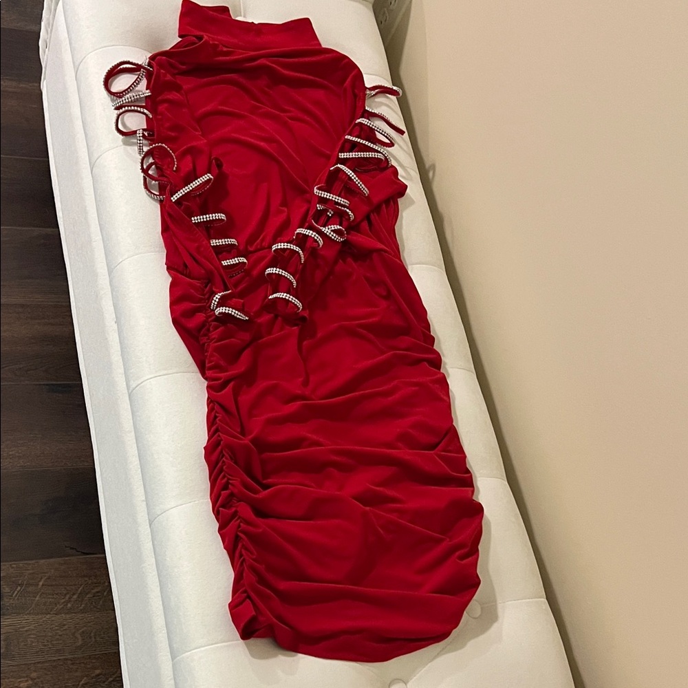 VENUS Vibrant Red ruched skirt dress with rhinestone sleeve details